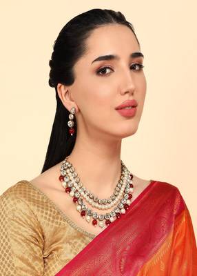 JN Handicraft Three Layer Traditional Copper Plated Kundan & Maroon and White Pearl  Jewellery Set 3