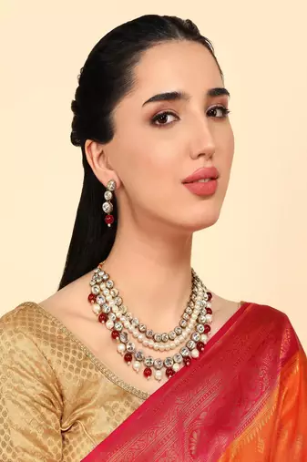 JN Handicraft Three Layer Traditional Copper Plated Kundan & Maroon and White Pearl  Jewellery Set