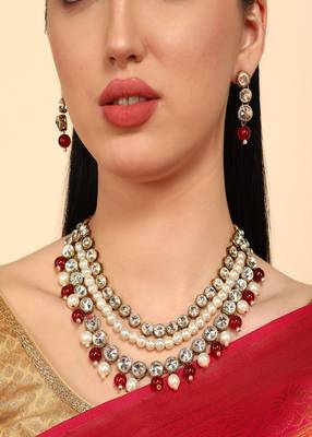 JN Handicraft Three Layer Traditional Copper Plated Kundan & Maroon and White Pearl  Jewellery Set 4