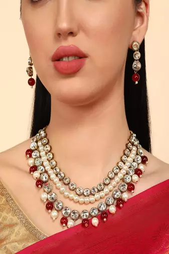 JN Handicraft Three Layer Traditional Copper Plated Kundan & Maroon and White Pearl  Jewellery Set