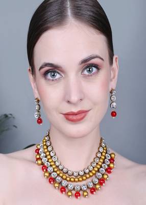 JN Handicraft Three Layer Traditional Copper Plated Kundan & Red and Golden Pearl  Jewellery Set 1