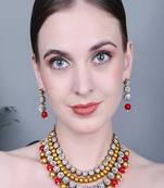 JN Handicraft Three Layer Traditional Copper Plated Kundan & Red and Golden Pearl  Jewellery Set