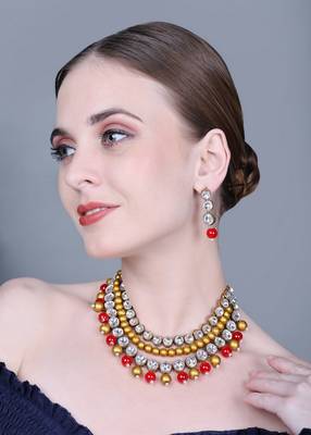 JN Handicraft Three Layer Traditional Copper Plated Kundan & Red and Golden Pearl  Jewellery Set 2