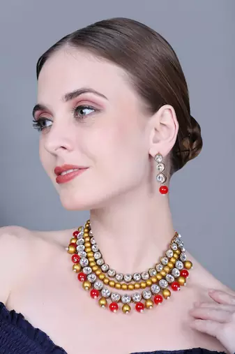 JN Handicraft Three Layer Traditional Copper Plated Kundan & Red and Golden Pearl  Jewellery Set