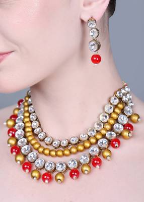 JN Handicraft Three Layer Traditional Copper Plated Kundan & Red and Golden Pearl  Jewellery Set 3
