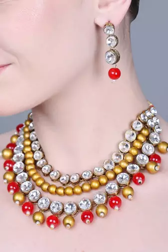 JN Handicraft Three Layer Traditional Copper Plated Kundan & Red and Golden Pearl  Jewellery Set