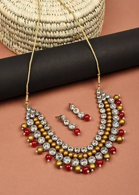 JN Handicraft Three Layer Traditional Copper Plated Kundan & Red and Golden Pearl  Jewellery Set 4