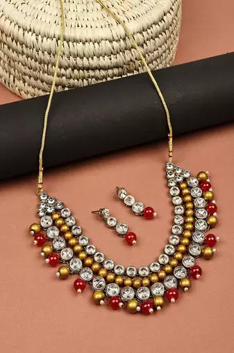 JN Handicraft Three Layer Traditional Copper Plated Kundan & Red and Golden Pearl  Jewellery Set