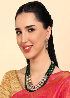 JN Handicraft Three Layer Green Pearl and Kundan Jewellery Set 2