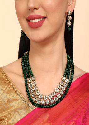 JN Handicraft Three Layer Green Pearl and Kundan Jewellery Set 3