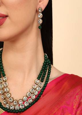 JN Handicraft Three Layer Green Pearl and Kundan Jewellery Set 4