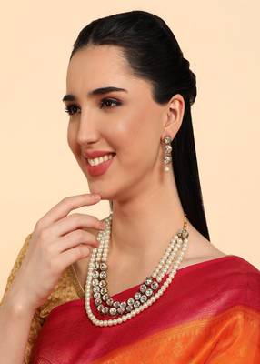 JN Handicraft Three Layer White Pearl and Kundan Jewellery Set 2