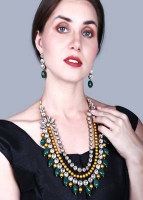 JN Handicraft Three Layer Antique Green & Golden Pearl Kundan Traditional Jewellery Set 1