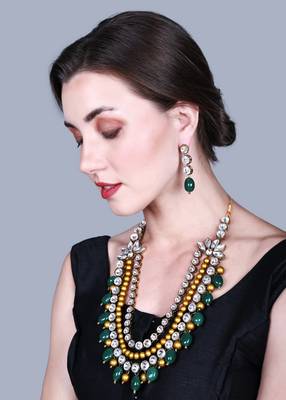 JN Handicraft Three Layer Antique Green & Golden Pearl Kundan Traditional Jewellery Set 2