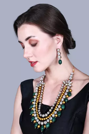 JN Handicraft Three Layer Antique Green & Golden Pearl Kundan Traditional Jewellery Set