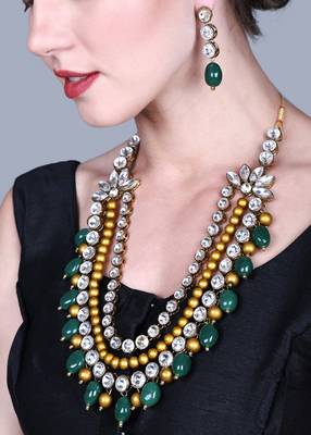 JN Handicraft Three Layer Antique Green & Golden Pearl Kundan Traditional Jewellery Set 3