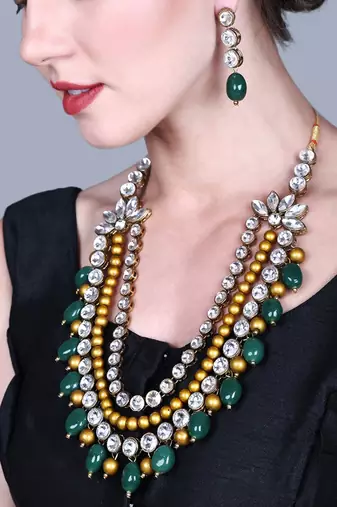 JN Handicraft Three Layer Antique Green & Golden Pearl Kundan Traditional Jewellery Set