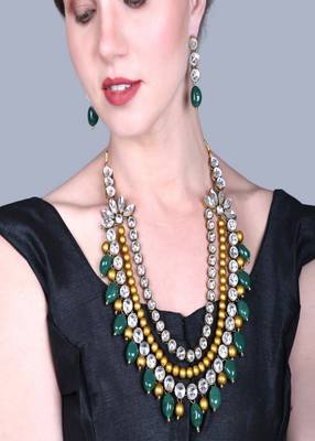 JN Handicraft Three Layer Antique Green & Golden Pearl Kundan Traditional Jewellery Set 4