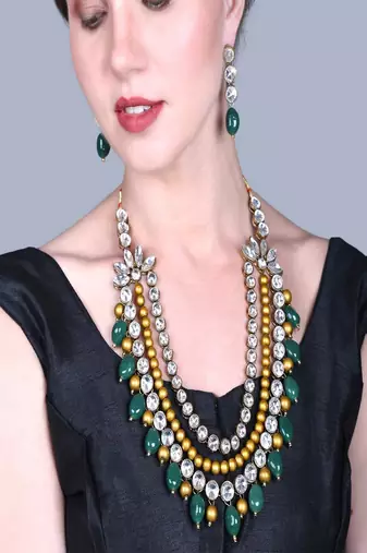 JN Handicraft Three Layer Antique Green & Golden Pearl Kundan Traditional Jewellery Set