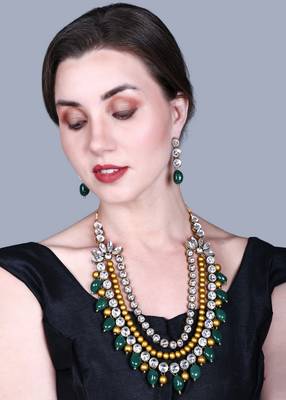 JN Handicraft Three Layer Antique Green & Golden Pearl Kundan Traditional Jewellery Set 5