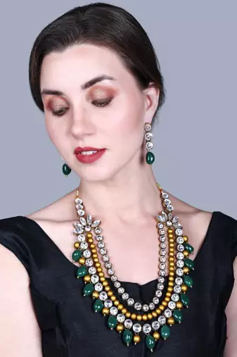 JN Handicraft Three Layer Antique Green & Golden Pearl Kundan Traditional Jewellery Set