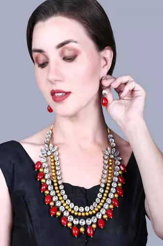 JN Handicraft Three Layer Antique Maroon & Golden Pearl Kundan Traditional Jewellery Set