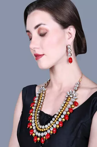JN Handicraft Three Layer Antique Maroon & Golden Pearl Kundan Traditional Jewellery Set