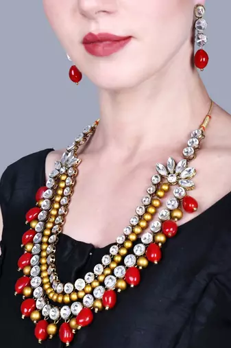 JN Handicraft Three Layer Antique Maroon & Golden Pearl Kundan Traditional Jewellery Set
