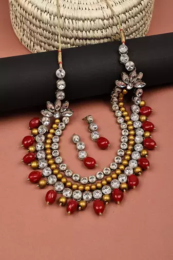 JN Handicraft Three Layer Antique Maroon & Golden Pearl Kundan Traditional Jewellery Set