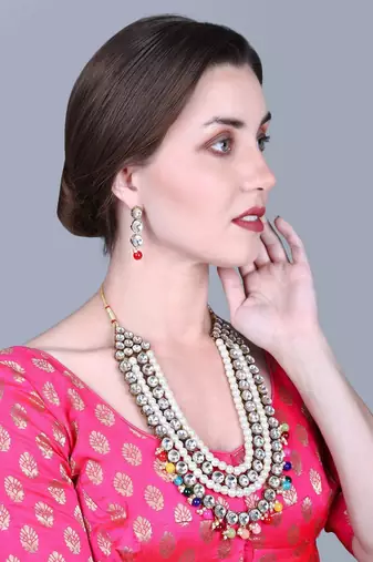 JN Handicraft Four Layer Long Multicolour Pearl Kundan Traditional Jewellery Set