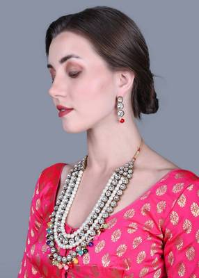 JN Handicraft Four Layer Long Multicolour Pearl Kundan Traditional Jewellery Set 3