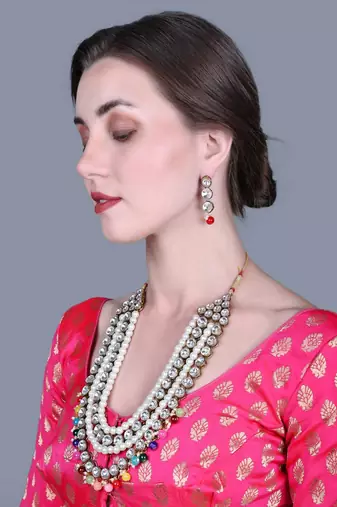 JN Handicraft Four Layer Long Multicolour Pearl Kundan Traditional Jewellery Set