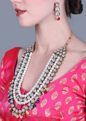 JN Handicraft Four Layer Long Multicolour Pearl Kundan Traditional Jewellery Set 4