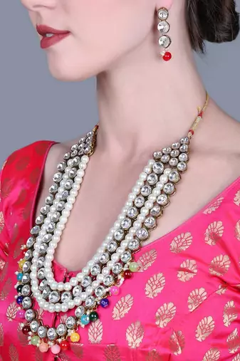 JN Handicraft Four Layer Long Multicolour Pearl Kundan Traditional Jewellery Set