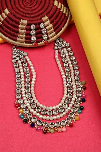 JN Handicraft Four Layer Long Multicolour Pearl Kundan Traditional Jewellery Set