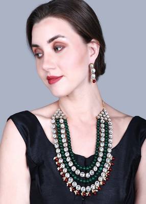 JN Handicraft Four Layer Long Maroon & Green Pearl Kundan Traditional Jewellery Set 1