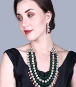 JN Handicraft Four Layer Long Maroon & Green Pearl Kundan Traditional Jewellery Set