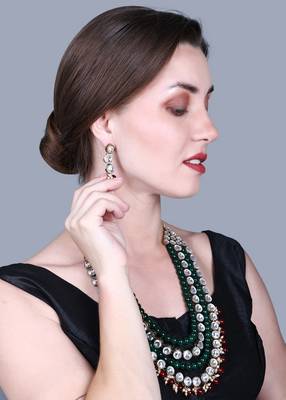 JN Handicraft Four Layer Long Maroon & Green Pearl Kundan Traditional Jewellery Set 2