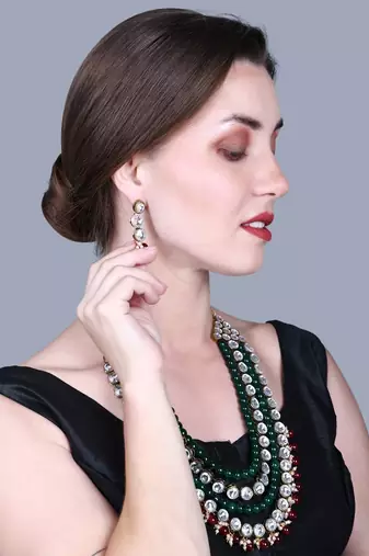 JN Handicraft Four Layer Long Maroon & Green Pearl Kundan Traditional Jewellery Set