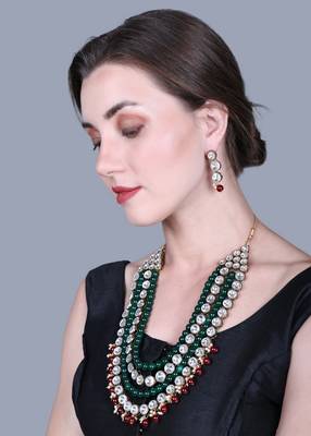 JN Handicraft Four Layer Long Maroon & Green Pearl Kundan Traditional Jewellery Set 3