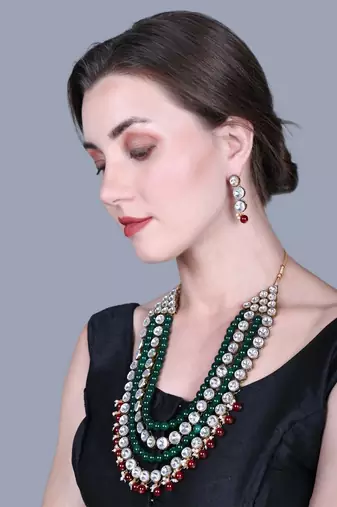 JN Handicraft Four Layer Long Maroon & Green Pearl Kundan Traditional Jewellery Set