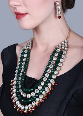 JN Handicraft Four Layer Long Maroon & Green Pearl Kundan Traditional Jewellery Set 4