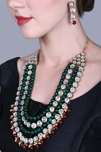JN Handicraft Four Layer Long Maroon & Green Pearl Kundan Traditional Jewellery Set