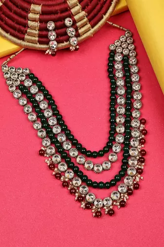 JN Handicraft Four Layer Long Maroon & Green Pearl Kundan Traditional Jewellery Set