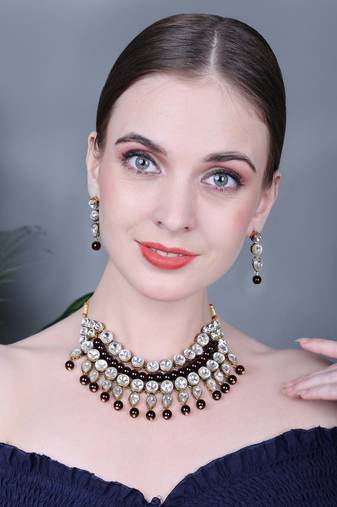 JN Handicraft Traditional Copper Plated Kundan Hancrafted Black Pearl Chokar Necklace Set