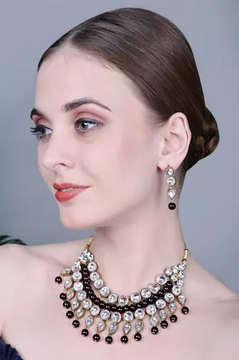 JN Handicraft Traditional Copper Plated Kundan Hancrafted Black Pearl Chokar Necklace Set