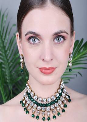JN Handicraft Traditional Copper Plated Kundan Hancrafted Green Pearl Chokar Necklace Set 1