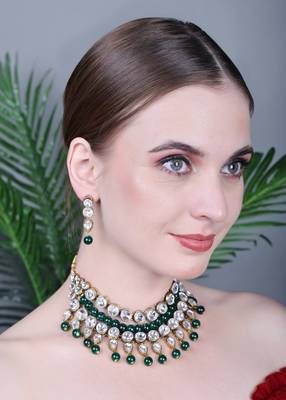 JN Handicraft Traditional Copper Plated Kundan Hancrafted Green Pearl Chokar Necklace Set 2