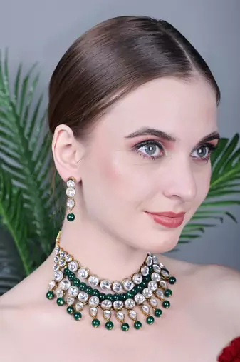 JN Handicraft Traditional Copper Plated Kundan Hancrafted Green Pearl Chokar Necklace Set