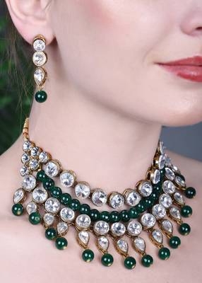 JN Handicraft Traditional Copper Plated Kundan Hancrafted Green Pearl Chokar Necklace Set 3